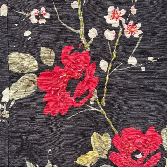 Silkland Asian Print Textured Silk Floral Blouse Jacket Beaded Black Red XL - Picture 9 of 12